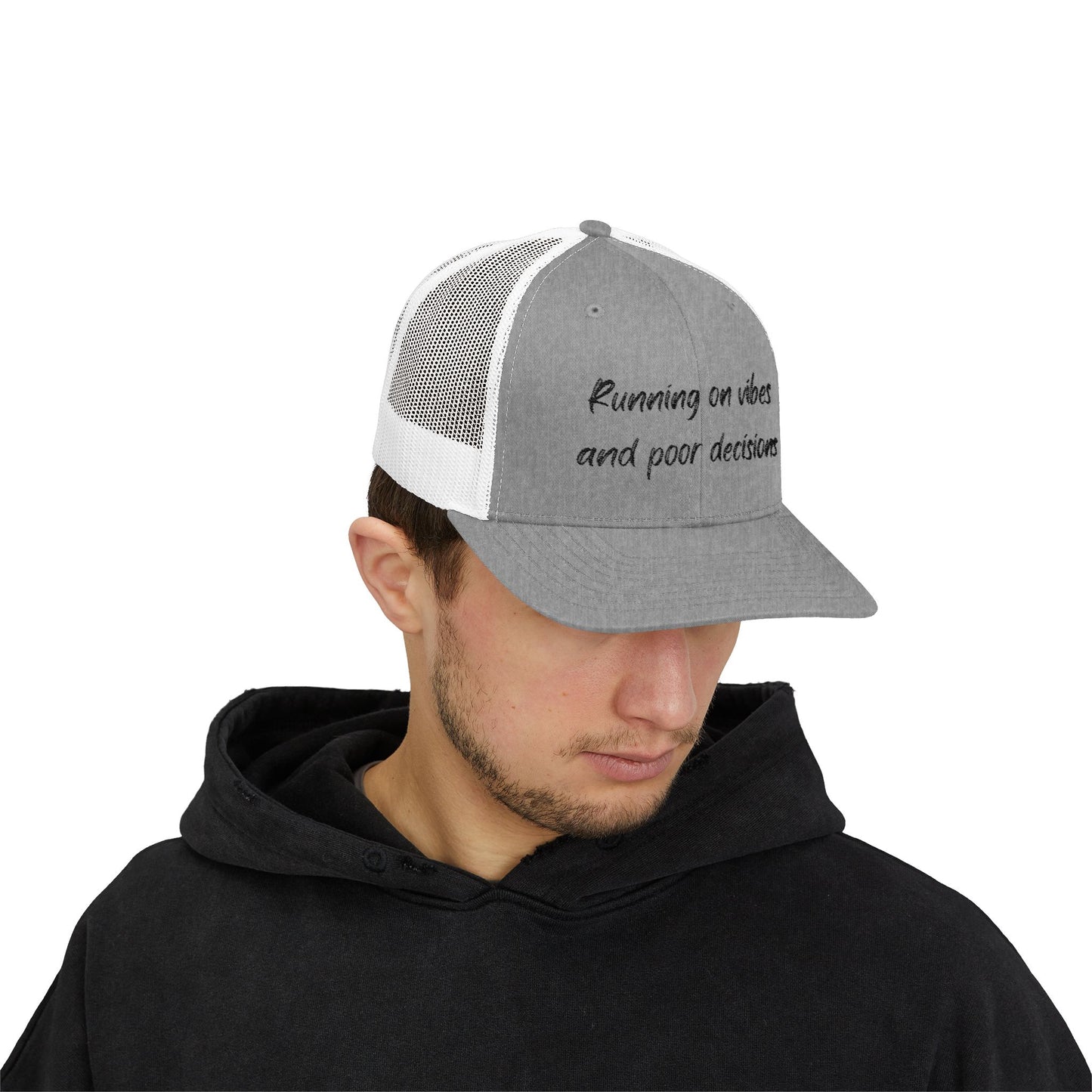 Trendy Snapback Trucker Cap, Casual Style Hat, Gift for Friends, Summer Accessory, Running on Vibes and Poor Decisions