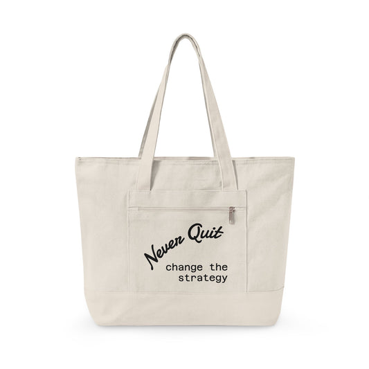 Canvas Tote - "Never Quit, Change the Strategy" Zippered Inspirational Tote